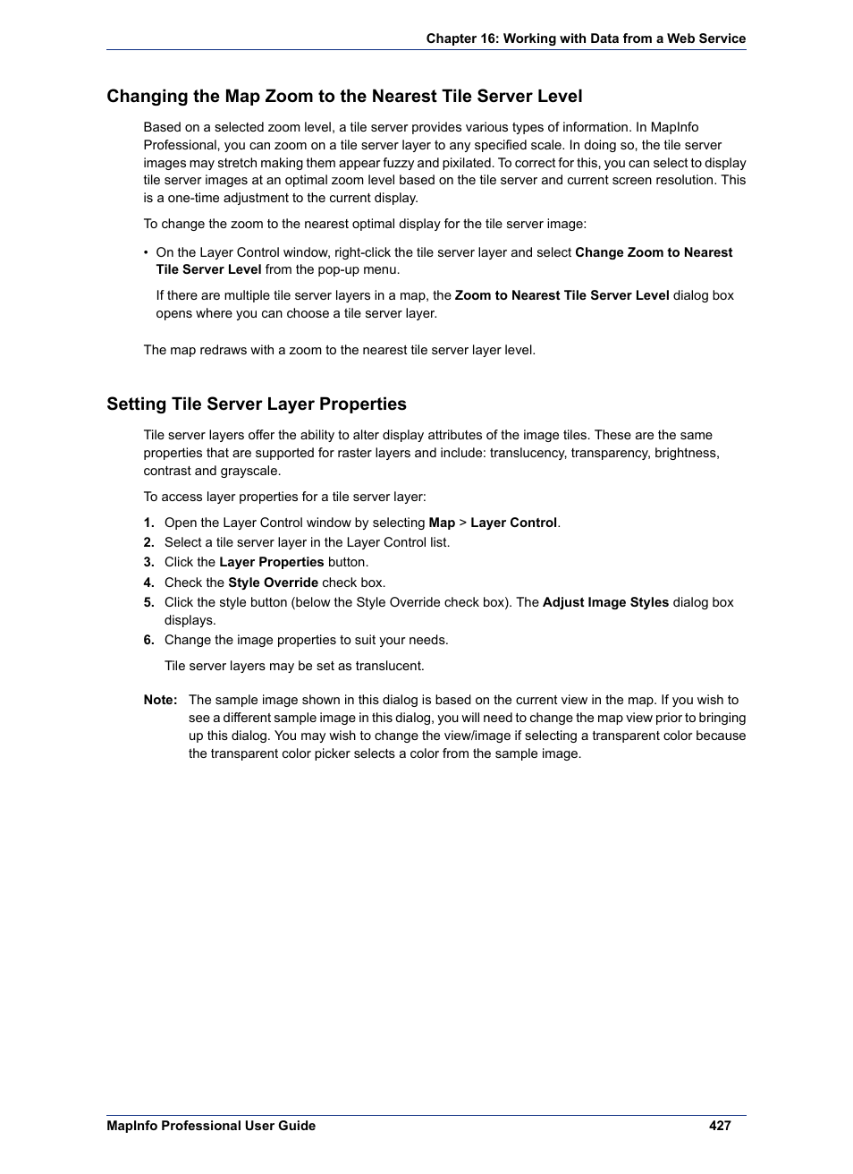 Setting tile server layer properties | Pitney Bowes MapInfo Professional User Manual | Page 427 / 540
