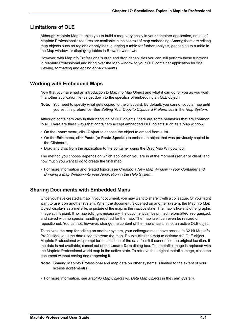 Limitations of ole, Working with embedded maps, Sharing documents with embedded maps | Pitney Bowes MapInfo Professional User Manual | Page 431 / 540