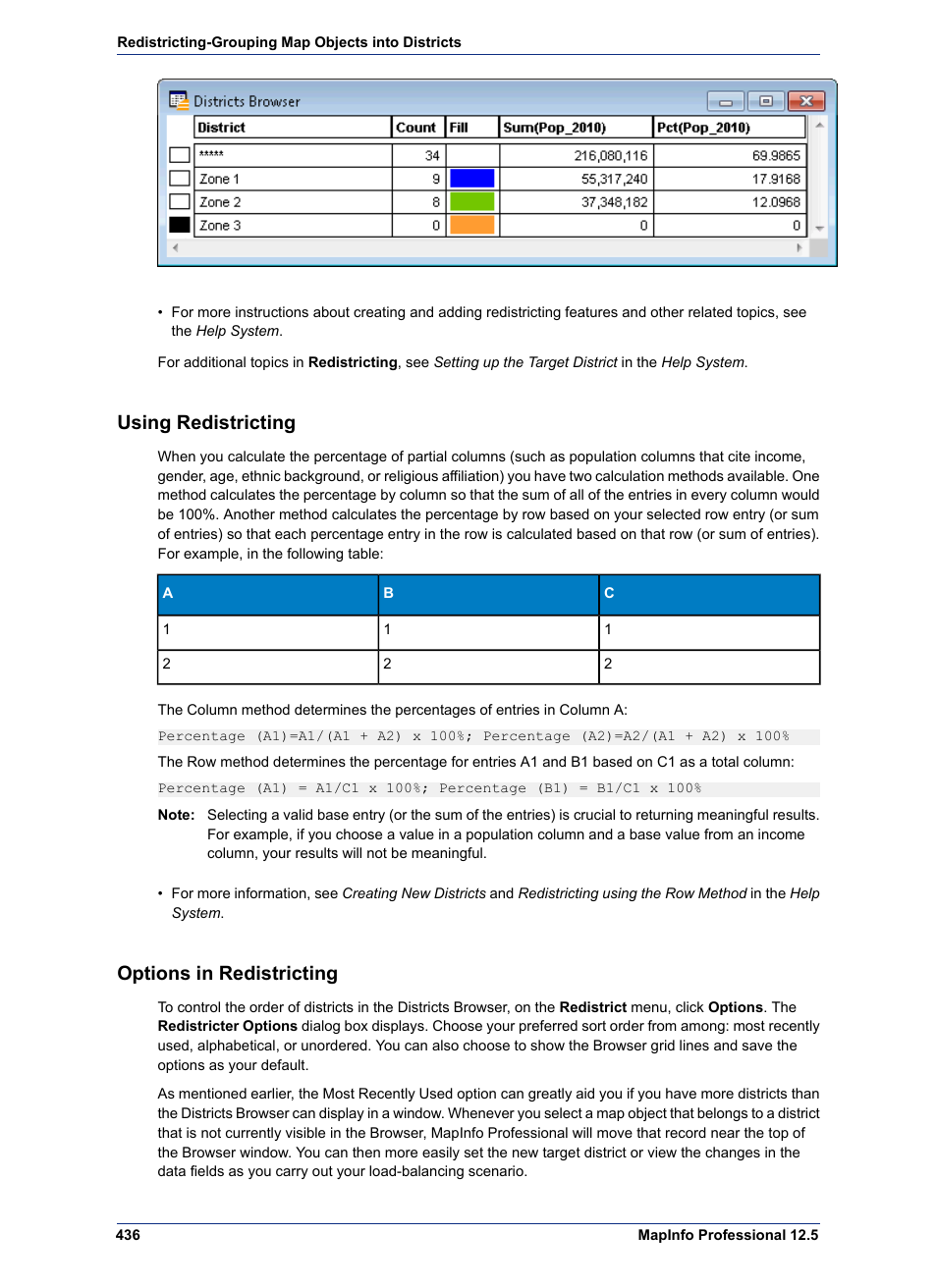 Using redistricting, Options in redistricting | Pitney Bowes MapInfo Professional User Manual | Page 436 / 540