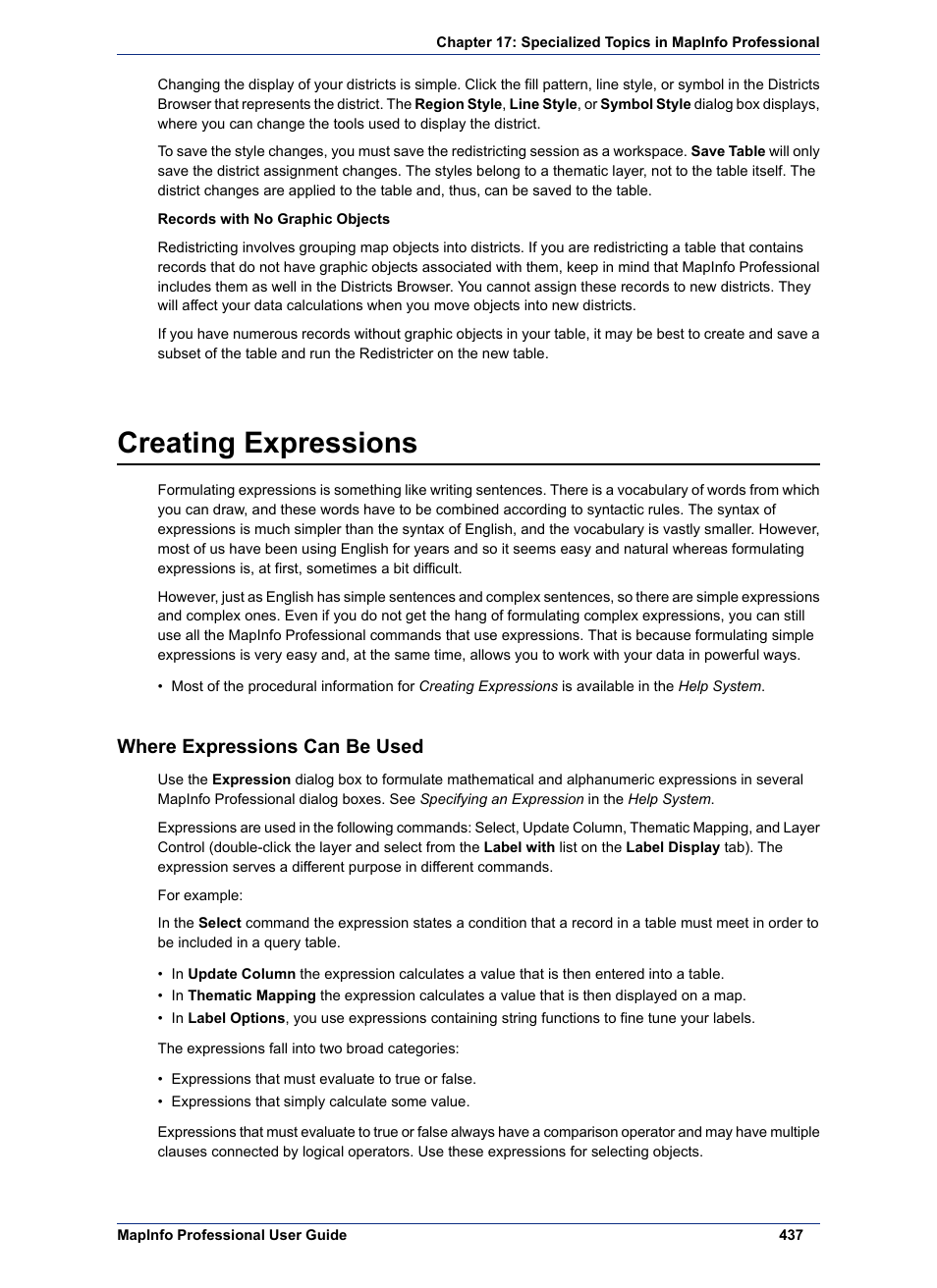 Creating expressions, Where expressions can be used | Pitney Bowes MapInfo Professional User Manual | Page 437 / 540