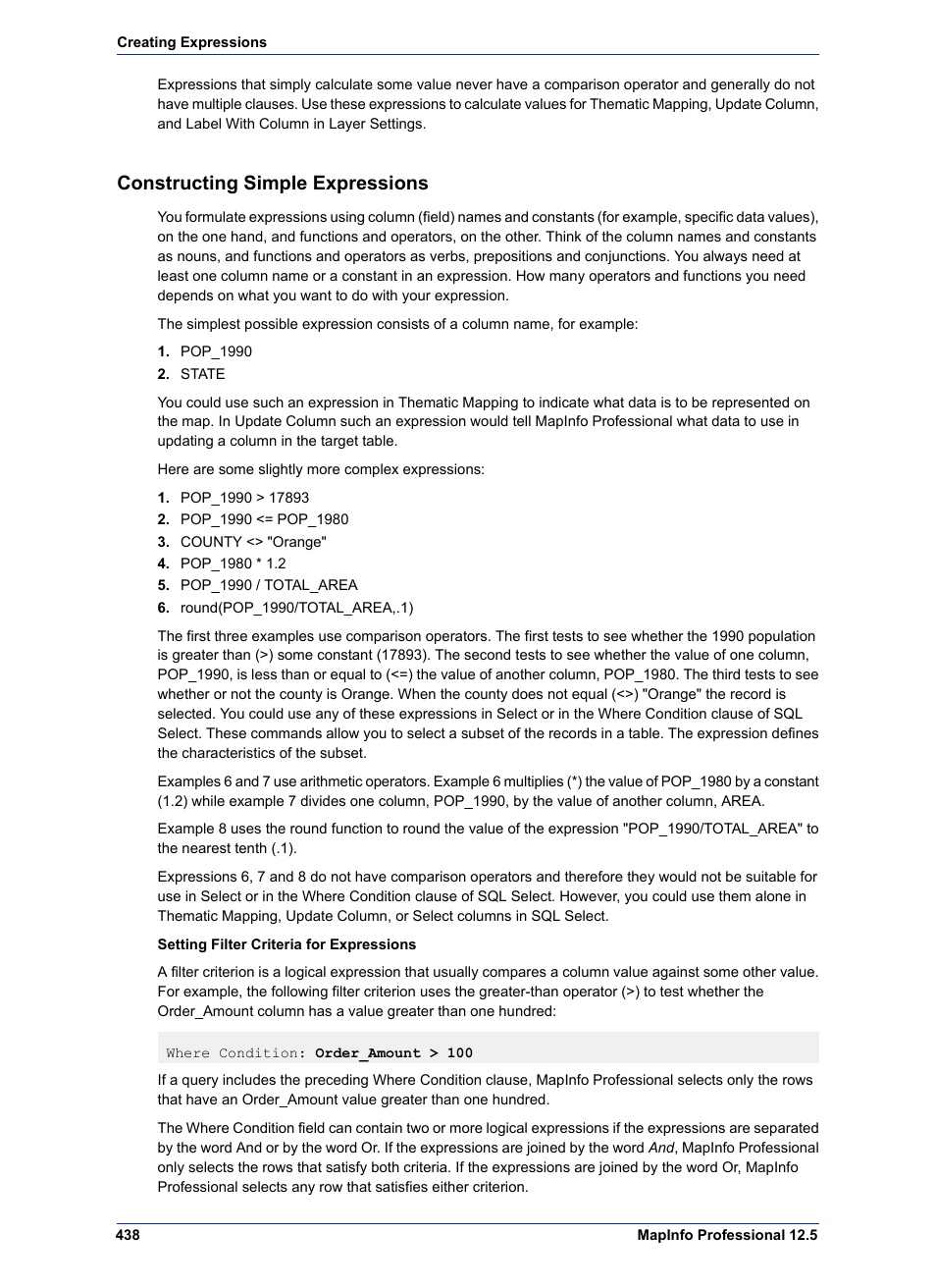Constructing simple expressions | Pitney Bowes MapInfo Professional User Manual | Page 438 / 540