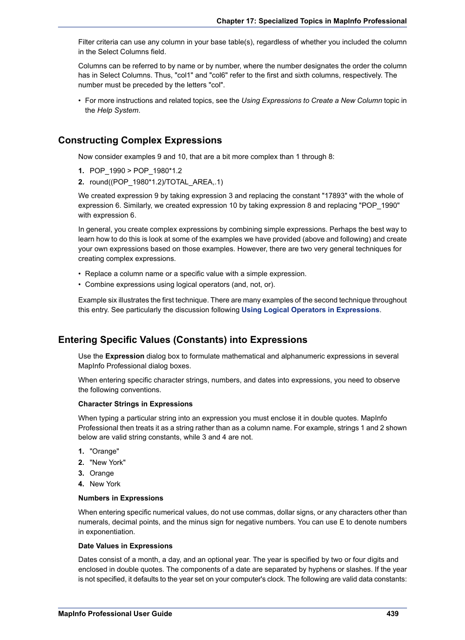 Constructing complex expressions | Pitney Bowes MapInfo Professional User Manual | Page 439 / 540