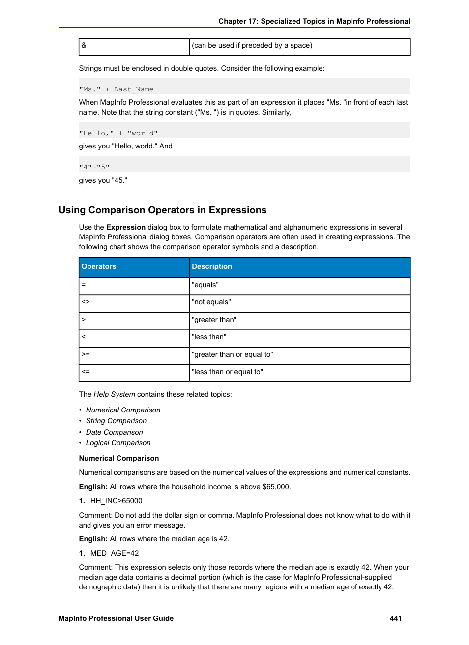 Using comparison operators in expressions | Pitney Bowes MapInfo Professional User Manual | Page 441 / 540
