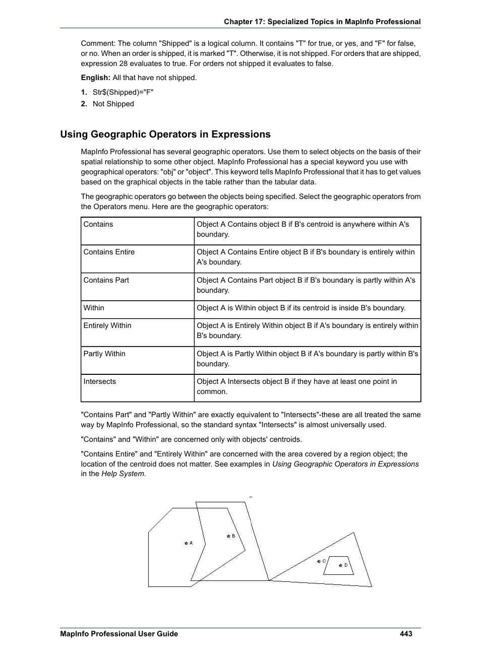 Using geographic operators in expressions | Pitney Bowes MapInfo Professional User Manual | Page 443 / 540