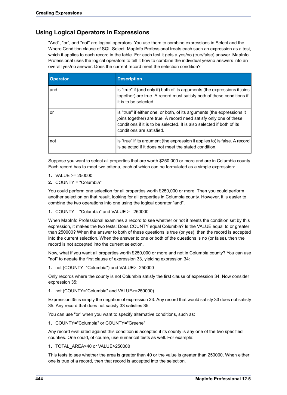Using logical operators in expressions | Pitney Bowes MapInfo Professional User Manual | Page 444 / 540