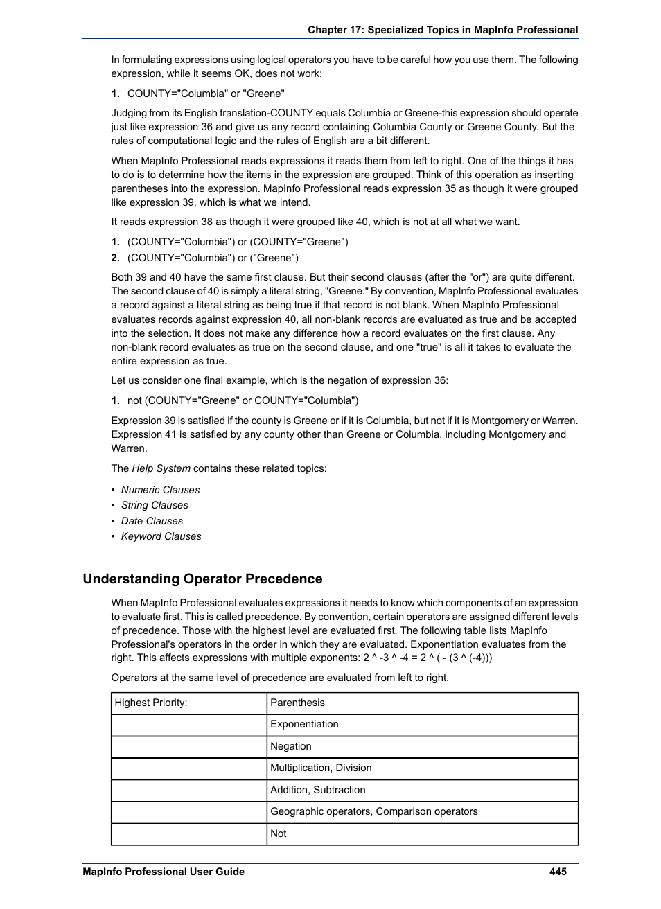 Understanding operator precedence | Pitney Bowes MapInfo Professional User Manual | Page 445 / 540