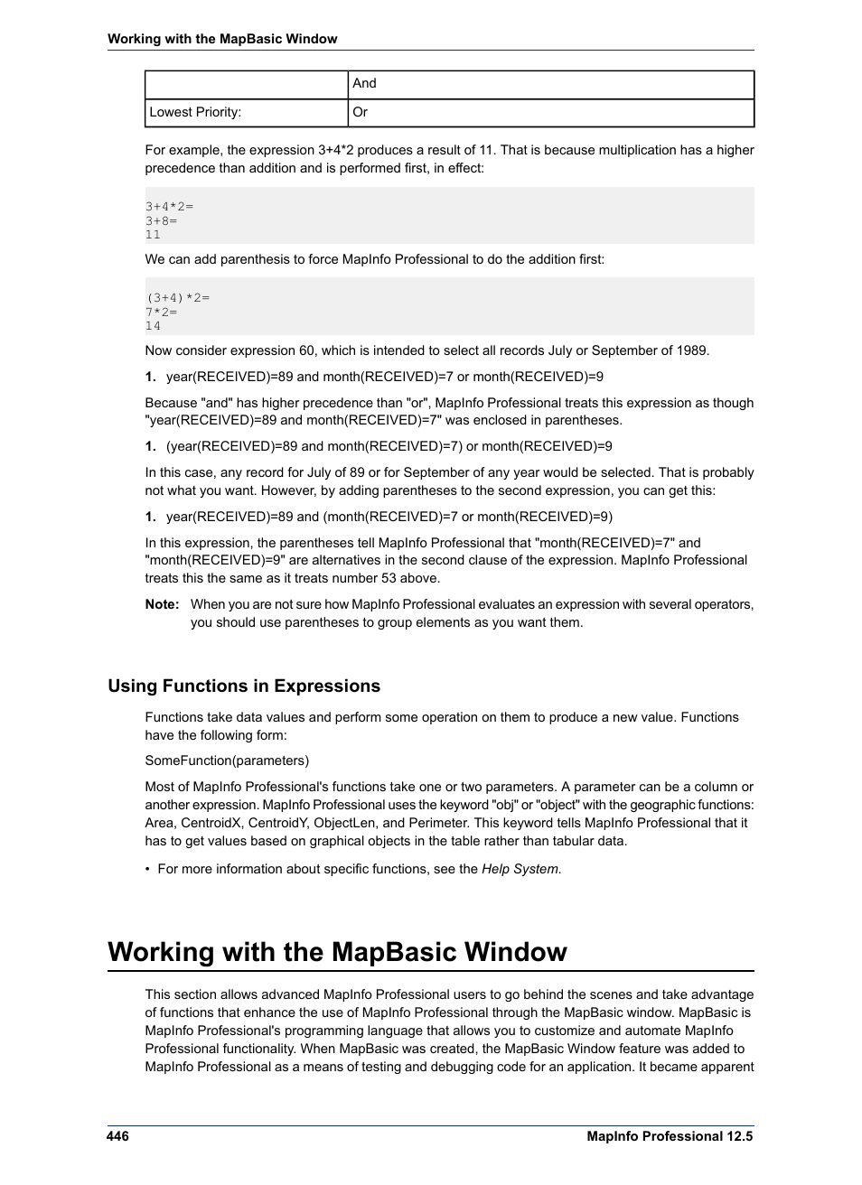 Using functions in expressions, Working with the mapbasic window | Pitney Bowes MapInfo Professional User Manual | Page 446 / 540