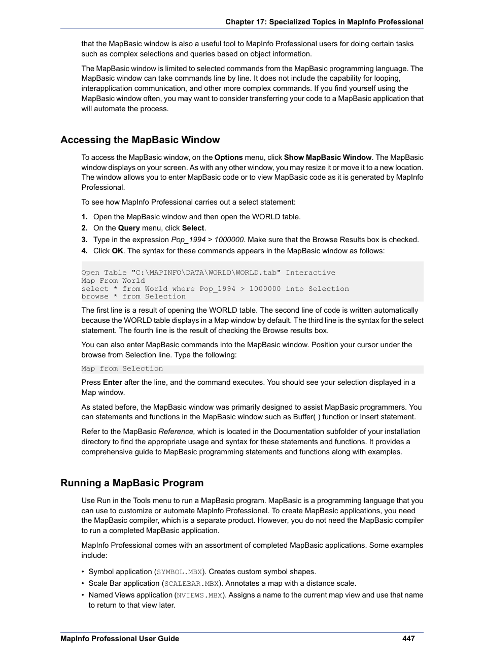 Accessing the mapbasic window, Running a mapbasic program | Pitney Bowes MapInfo Professional User Manual | Page 447 / 540