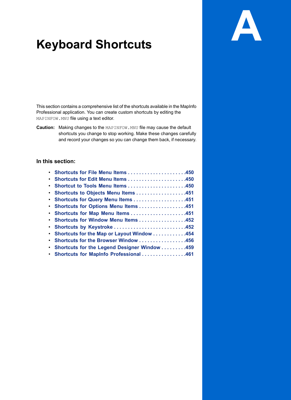 Keyboard shortcuts, Appendix a: keyboard shortcuts | Pitney Bowes MapInfo Professional User Manual | Page 449 / 540