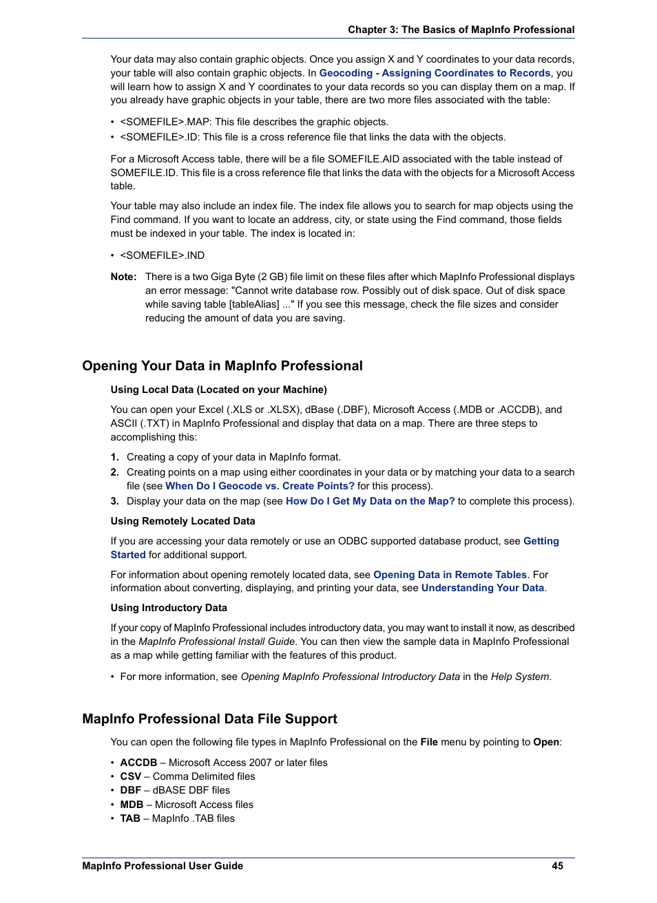 Opening your data in mapinfo professional, Mapinfo professional data file support | Pitney Bowes MapInfo Professional User Manual | Page 45 / 540