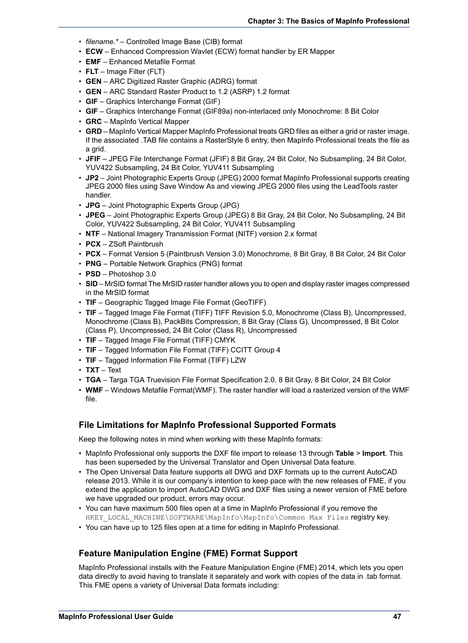 Feature manipulation engine (fme) format support | Pitney Bowes MapInfo Professional User Manual | Page 47 / 540