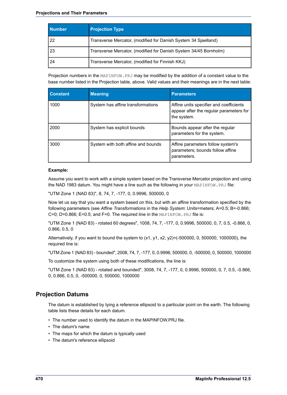 Projection datums | Pitney Bowes MapInfo Professional User Manual | Page 470 / 540
