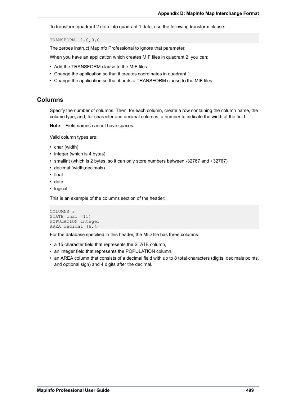 Columns | Pitney Bowes MapInfo Professional User Manual | Page 499 / 540