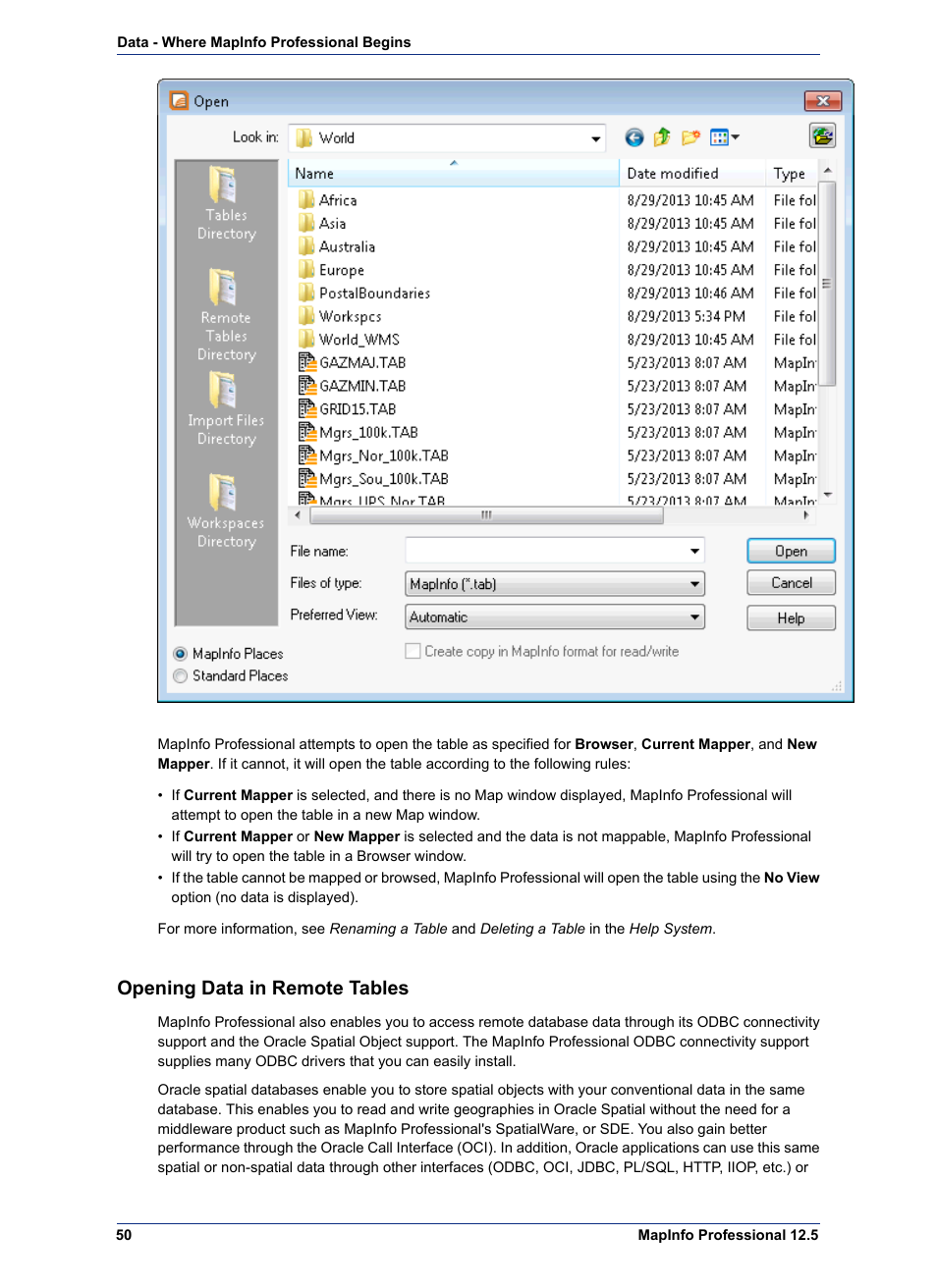 Opening data in remote tables | Pitney Bowes MapInfo Professional User Manual | Page 50 / 540