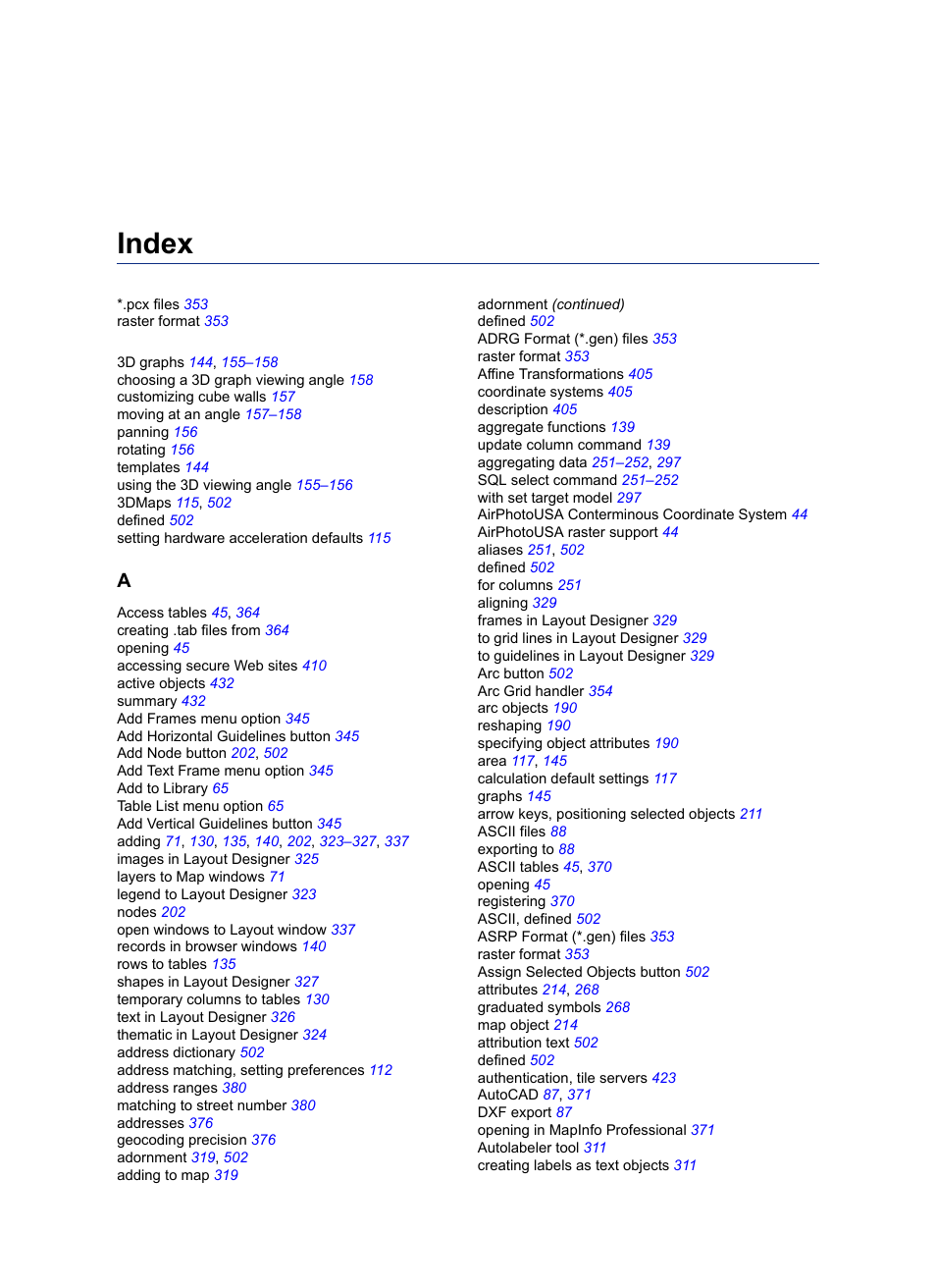Index | Pitney Bowes MapInfo Professional User Manual | Page 525 / 540