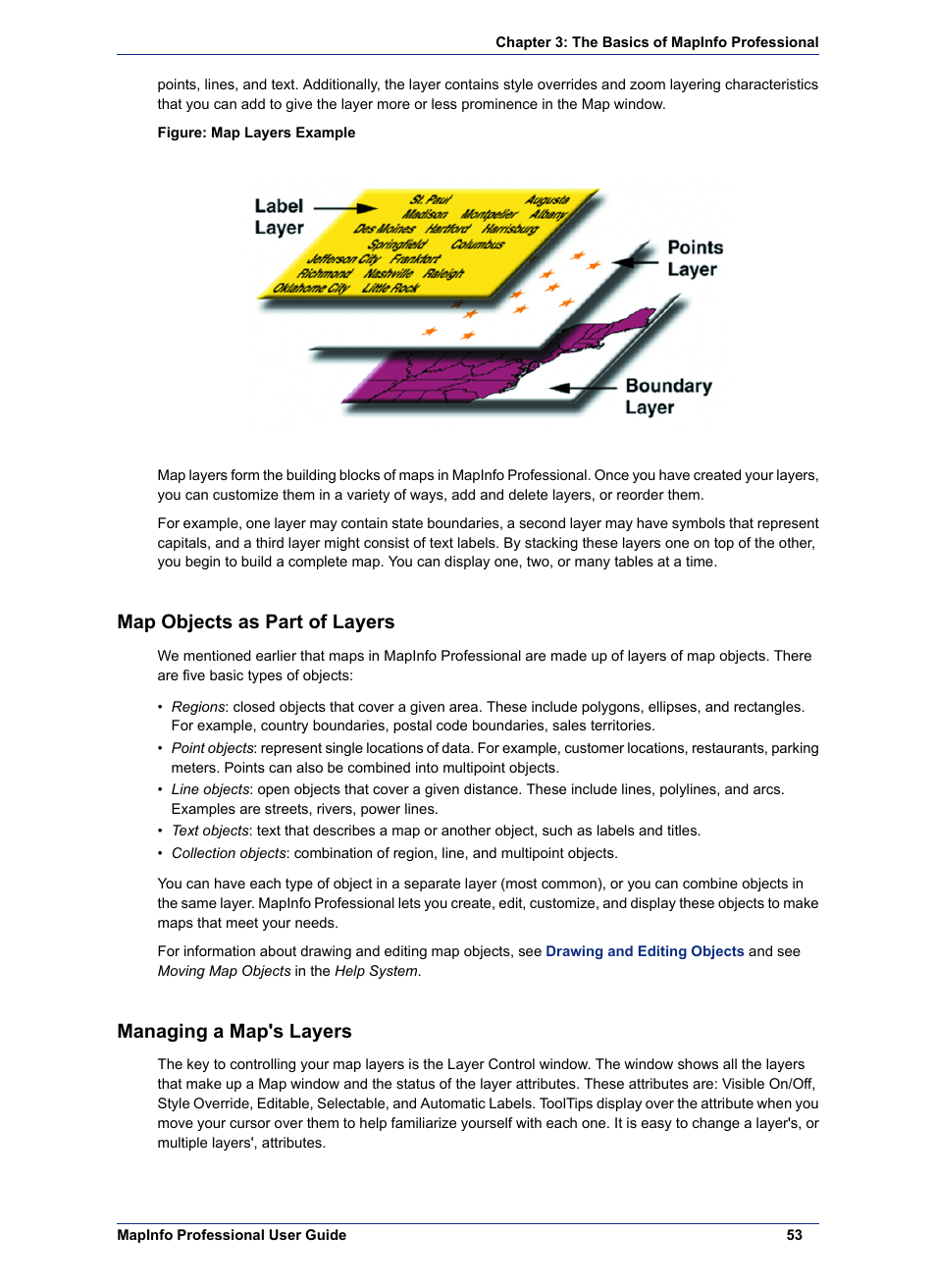 Map objects as part of layers, Managing a map's layers | Pitney Bowes MapInfo Professional User Manual | Page 53 / 540
