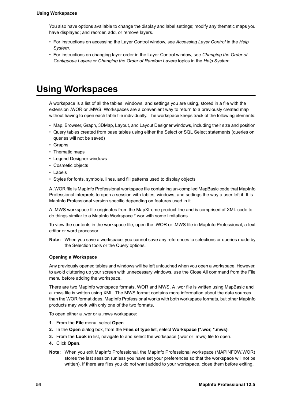 Using workspaces | Pitney Bowes MapInfo Professional User Manual | Page 54 / 540