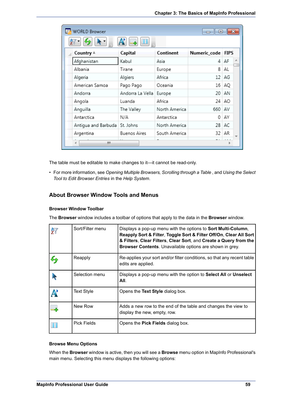 About browser window tools and menus | Pitney Bowes MapInfo Professional User Manual | Page 59 / 540