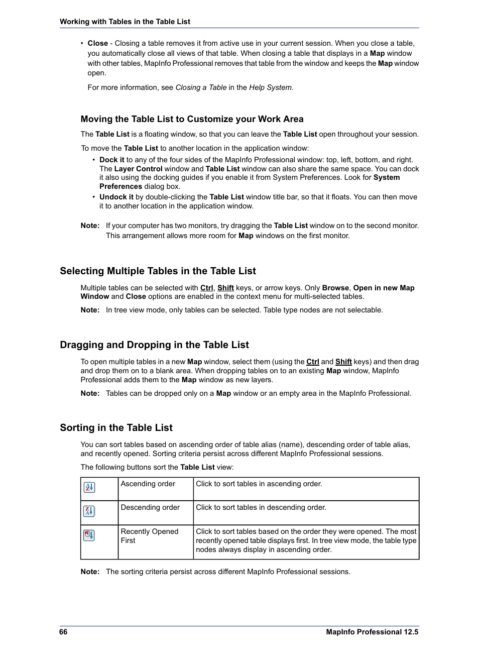 Moving the table list to customize your work area, Selecting multiple tables in the table list, Dragging and dropping in the table list | Sorting in the table list | Pitney Bowes MapInfo Professional User Manual | Page 66 / 540