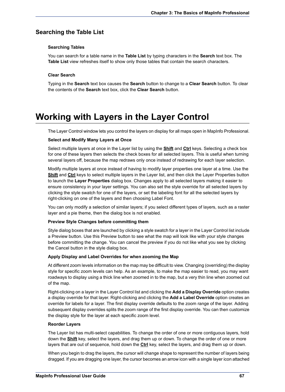 Searching the table list, Working with layers in the layer control | Pitney Bowes MapInfo Professional User Manual | Page 67 / 540