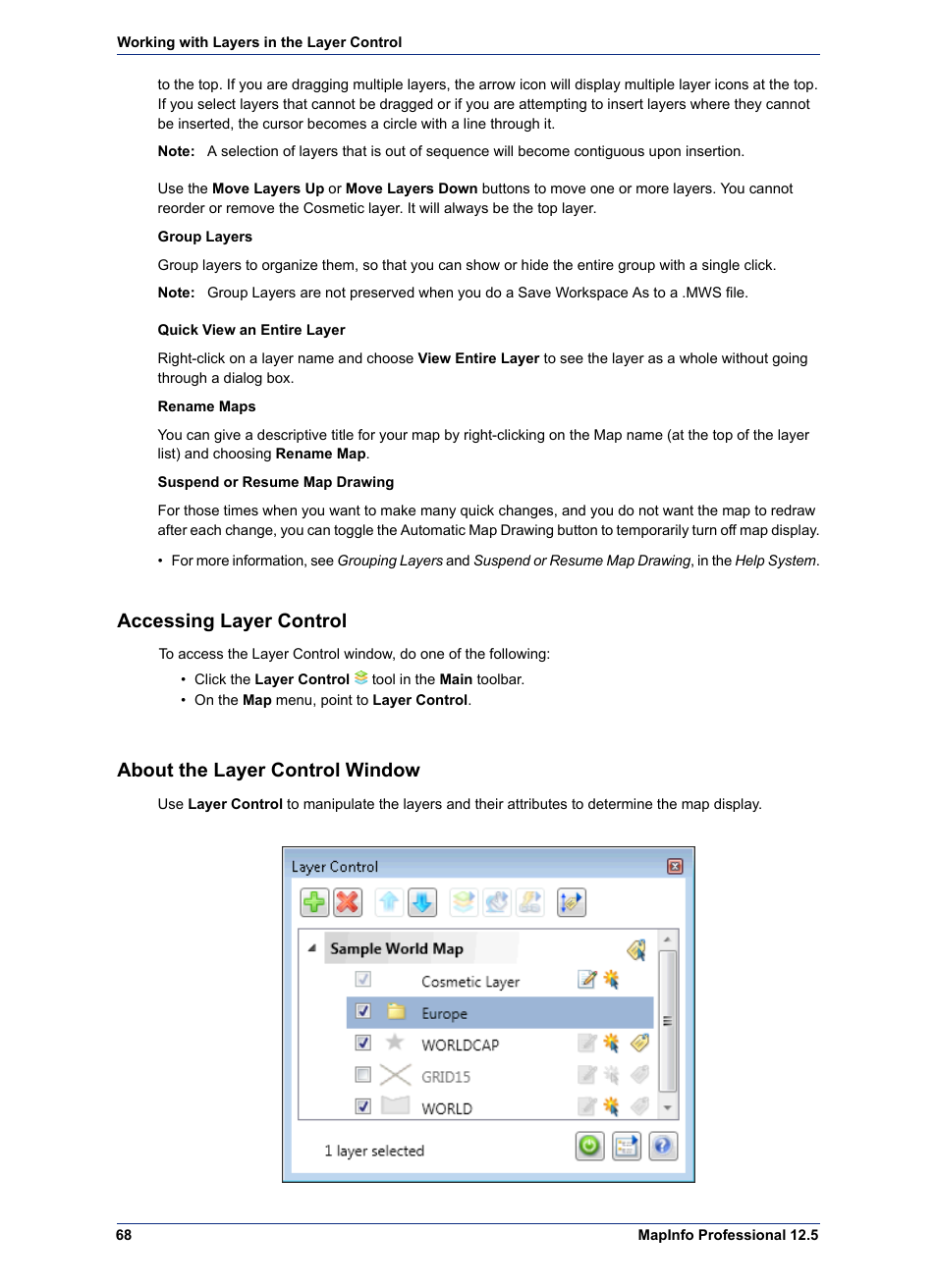 Accessing layer control, About the layer control window | Pitney Bowes MapInfo Professional User Manual | Page 68 / 540