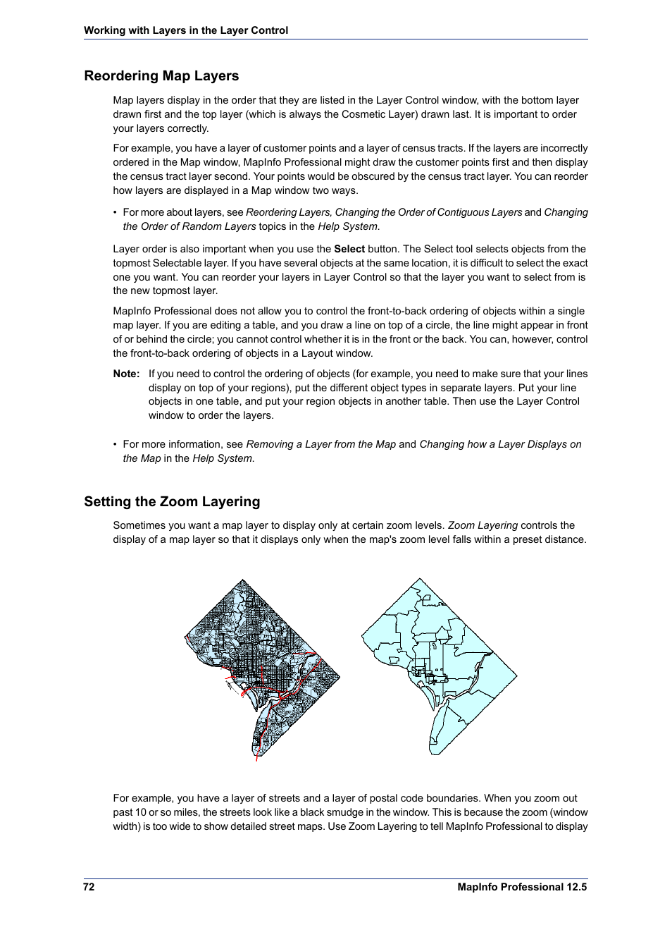Reordering map layers, Setting the zoom layering | Pitney Bowes MapInfo Professional User Manual | Page 72 / 540