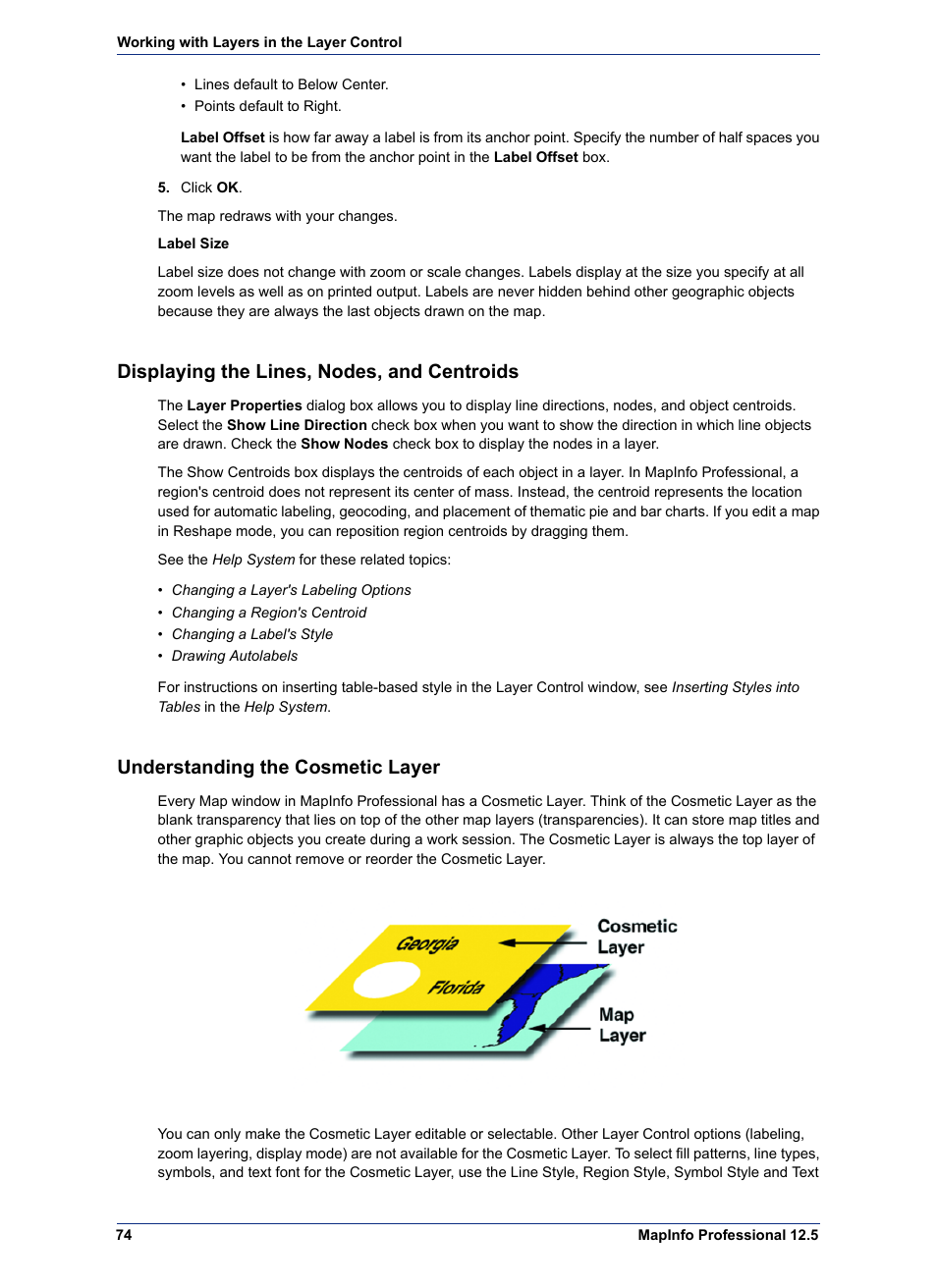 Displaying the lines, nodes, and centroids, Understanding the cosmetic layer | Pitney Bowes MapInfo Professional User Manual | Page 74 / 540