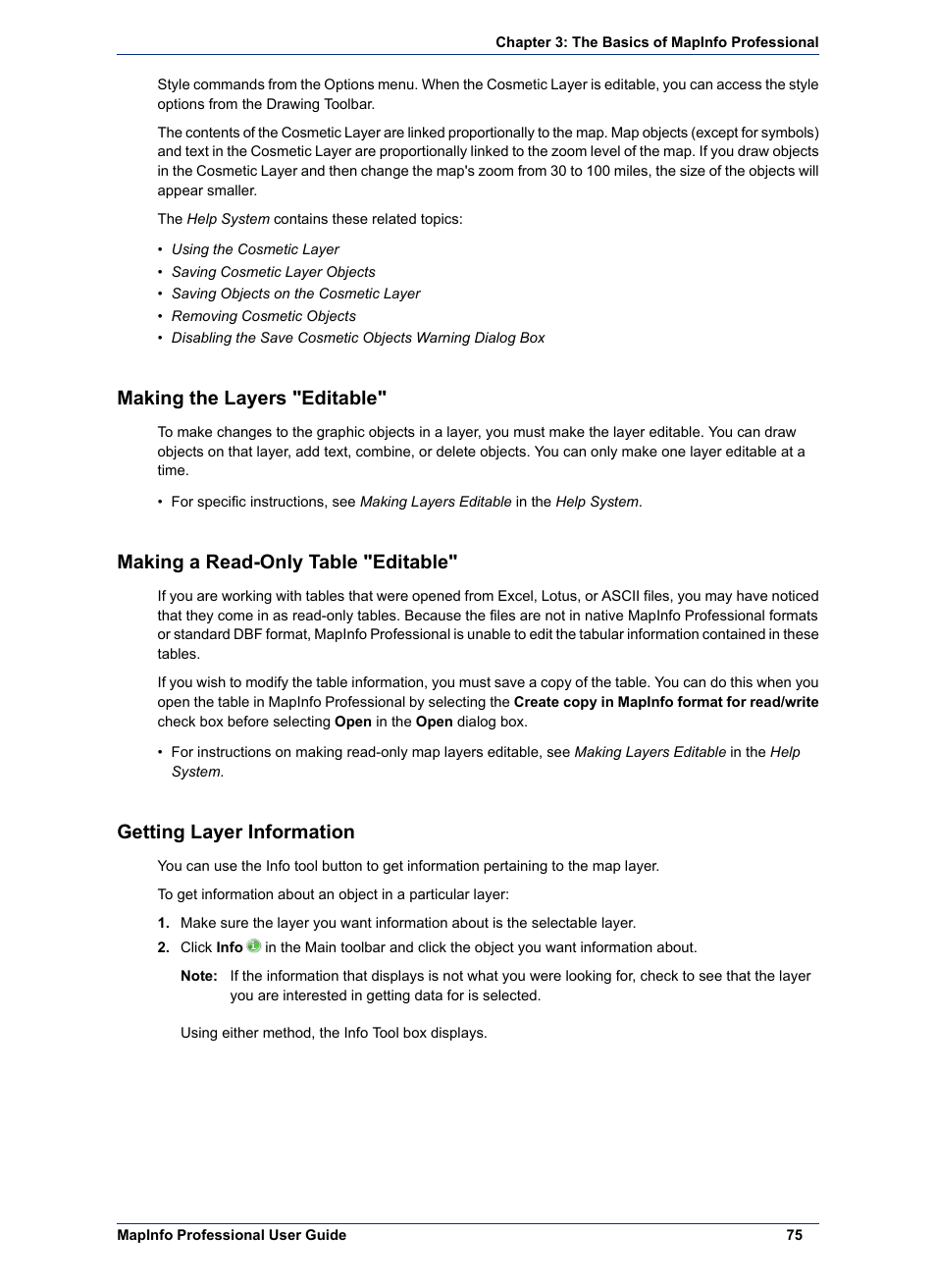 Making the layers "editable, Making a read-only table "editable, Getting layer information | Pitney Bowes MapInfo Professional User Manual | Page 75 / 540