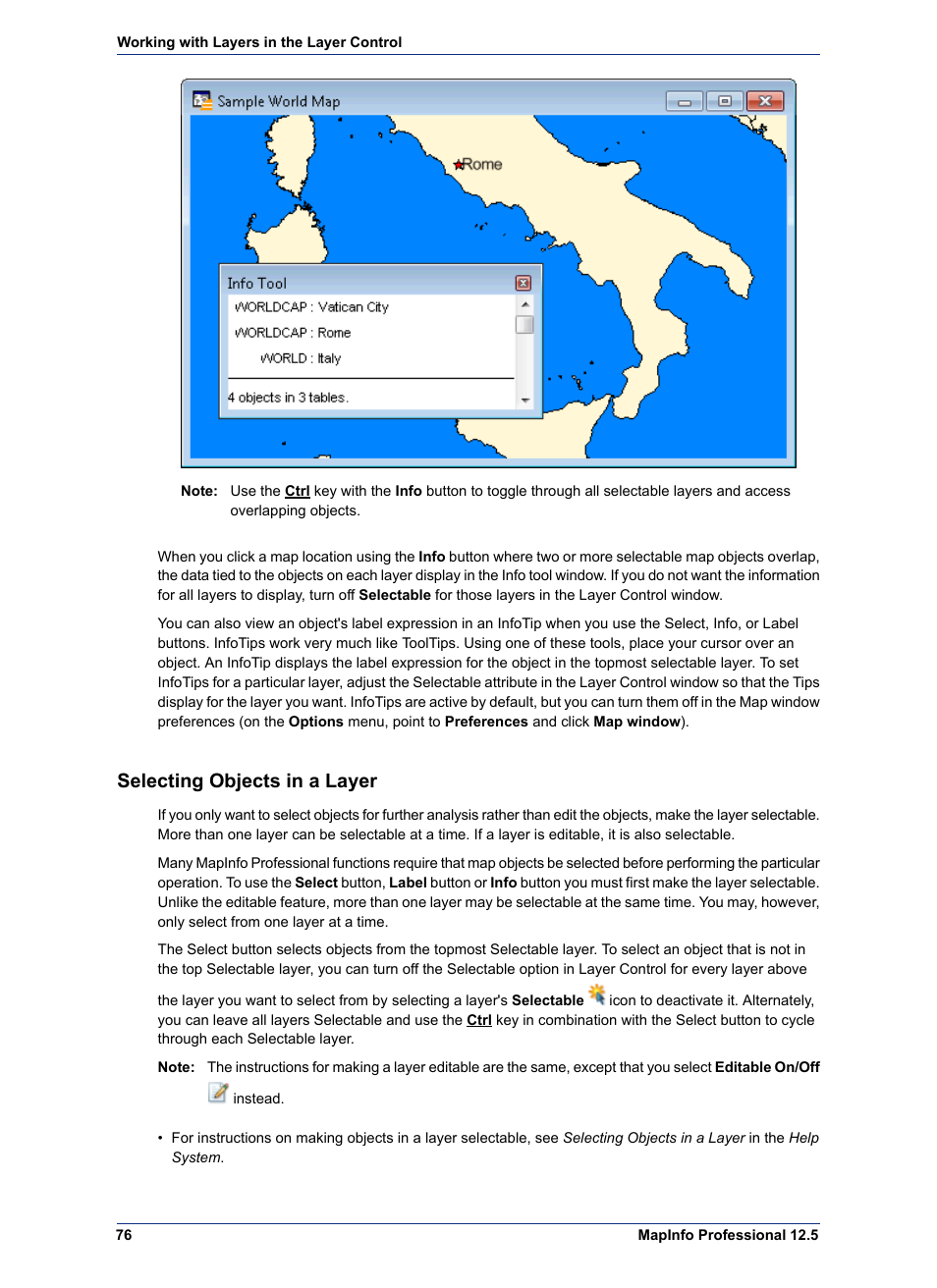 Selecting objects in a layer | Pitney Bowes MapInfo Professional User Manual | Page 76 / 540
