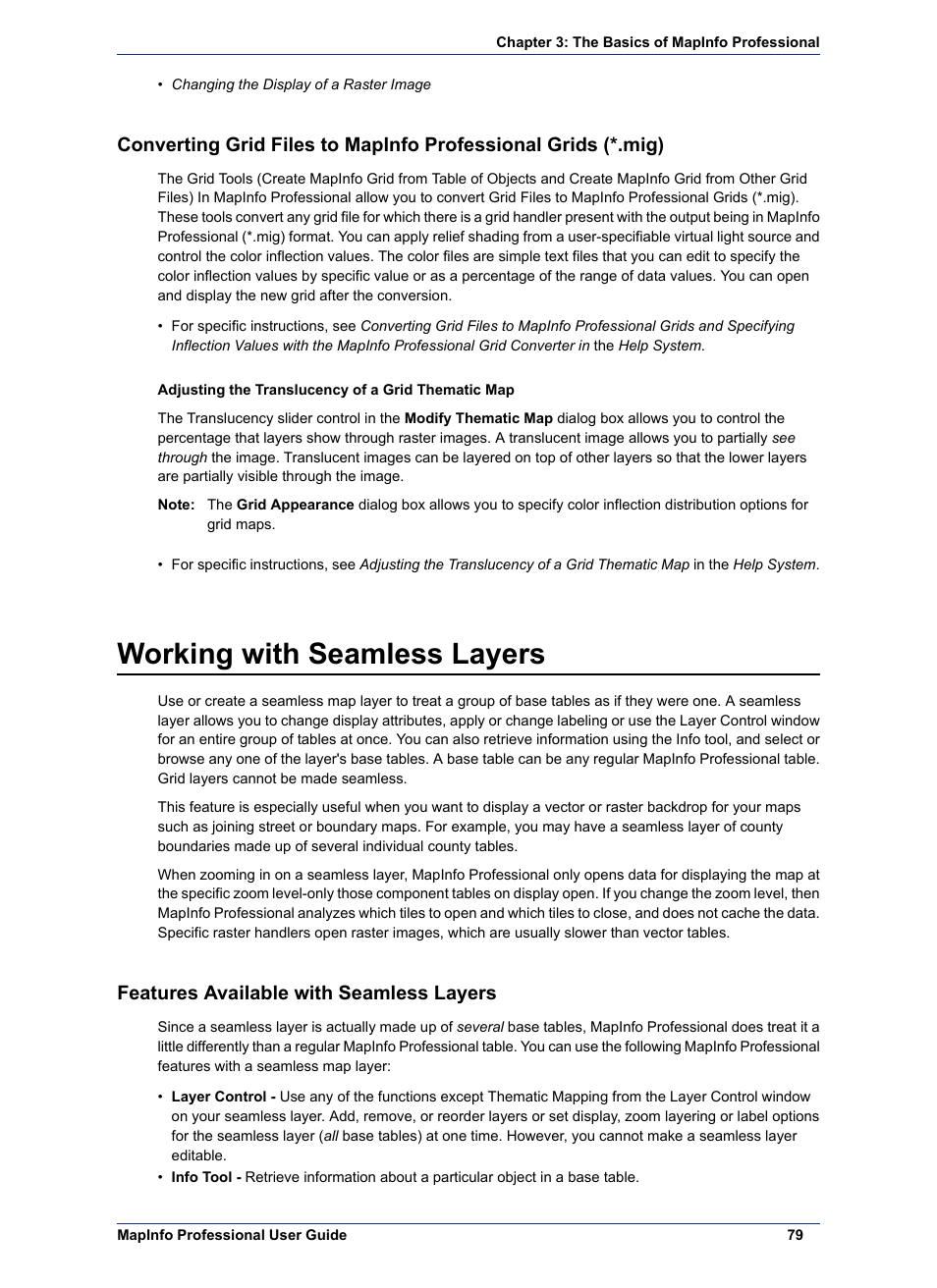 Working with seamless layers, Features available with seamless layers | Pitney Bowes MapInfo Professional User Manual | Page 79 / 540