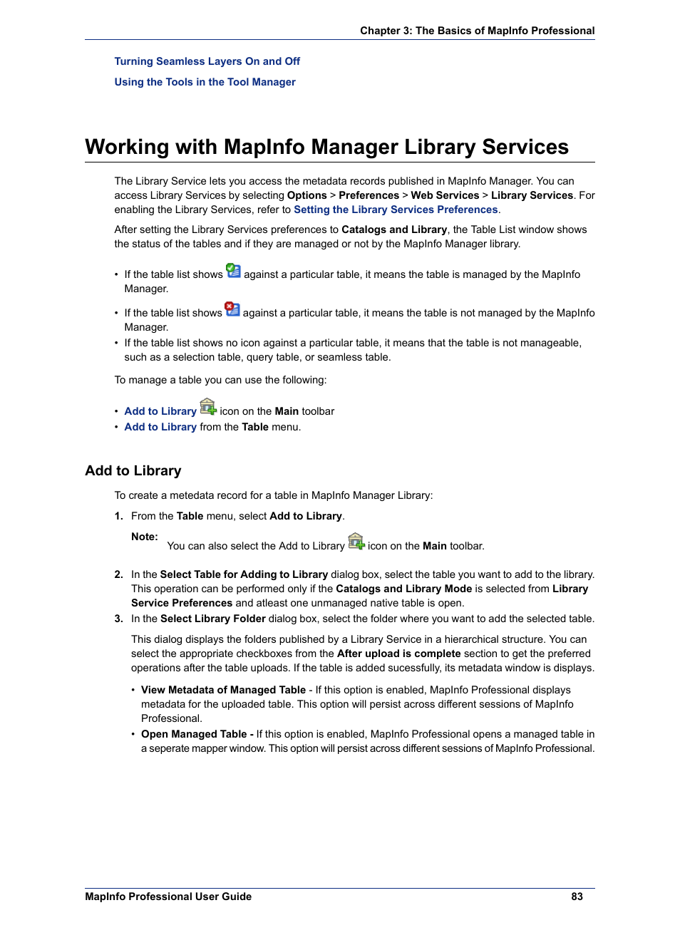 Working with mapinfo manager library services, Add to library | Pitney Bowes MapInfo Professional User Manual | Page 83 / 540