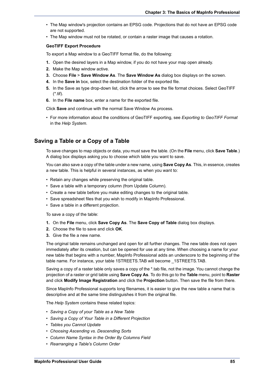 Saving a table or a copy of a table | Pitney Bowes MapInfo Professional User Manual | Page 85 / 540