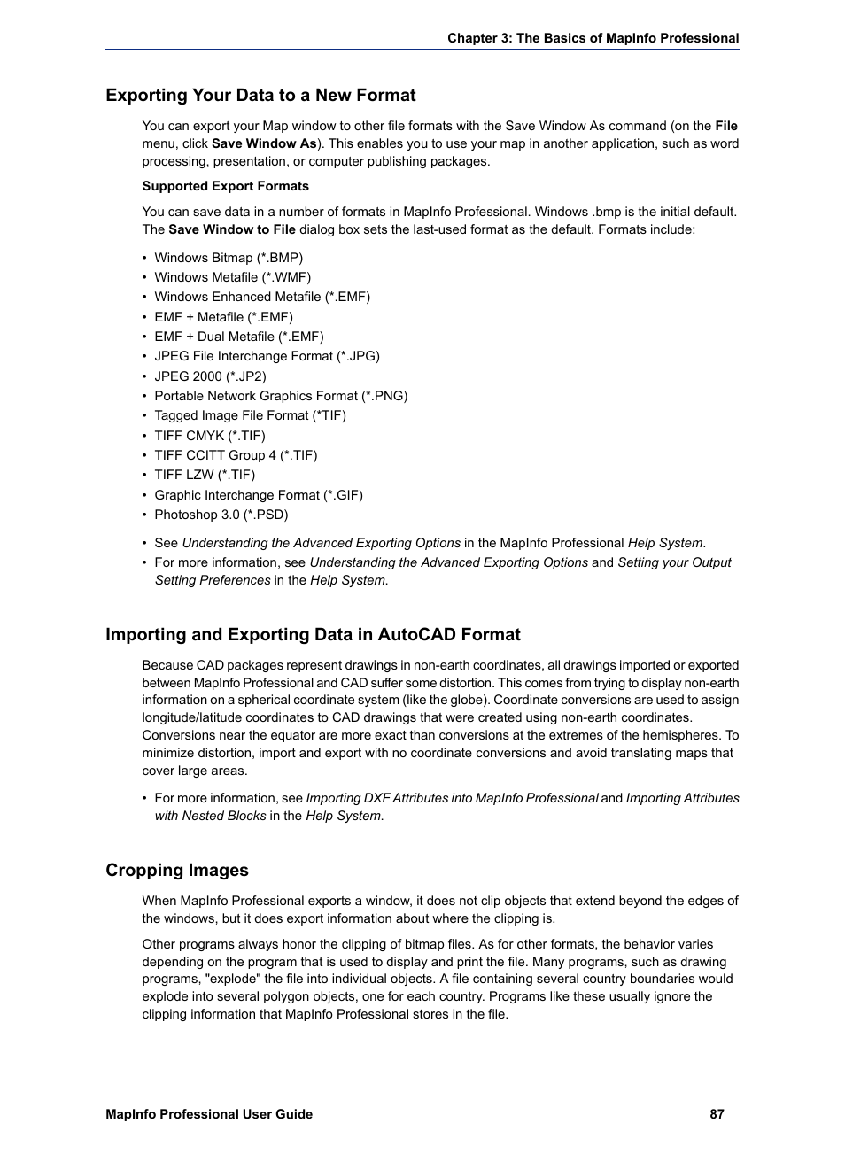 Exporting your data to a new format, Importing and exporting data in autocad format, Cropping images | Pitney Bowes MapInfo Professional User Manual | Page 87 / 540