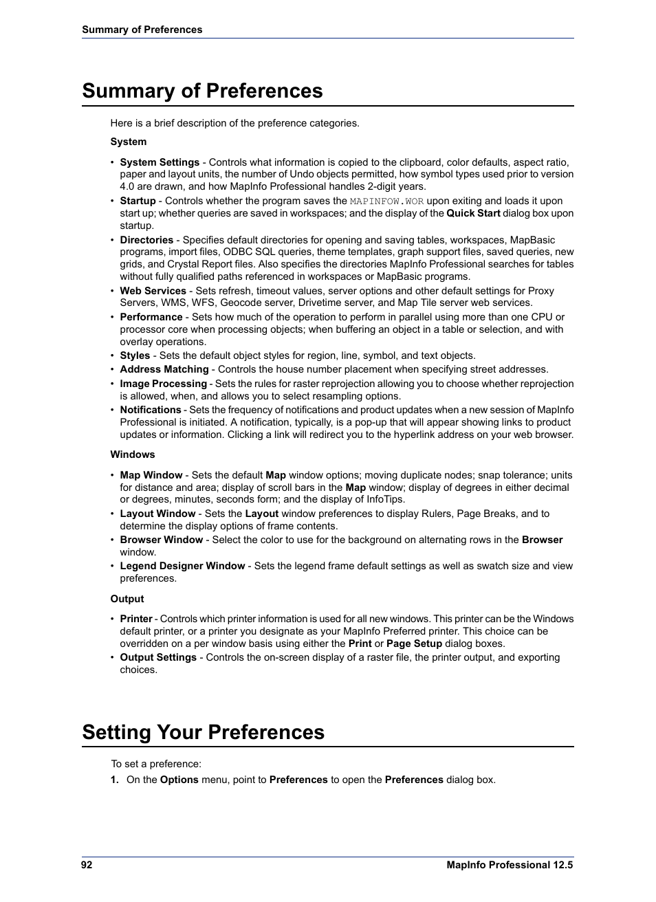 Summary of preferences, Setting your preferences | Pitney Bowes MapInfo Professional User Manual | Page 92 / 540