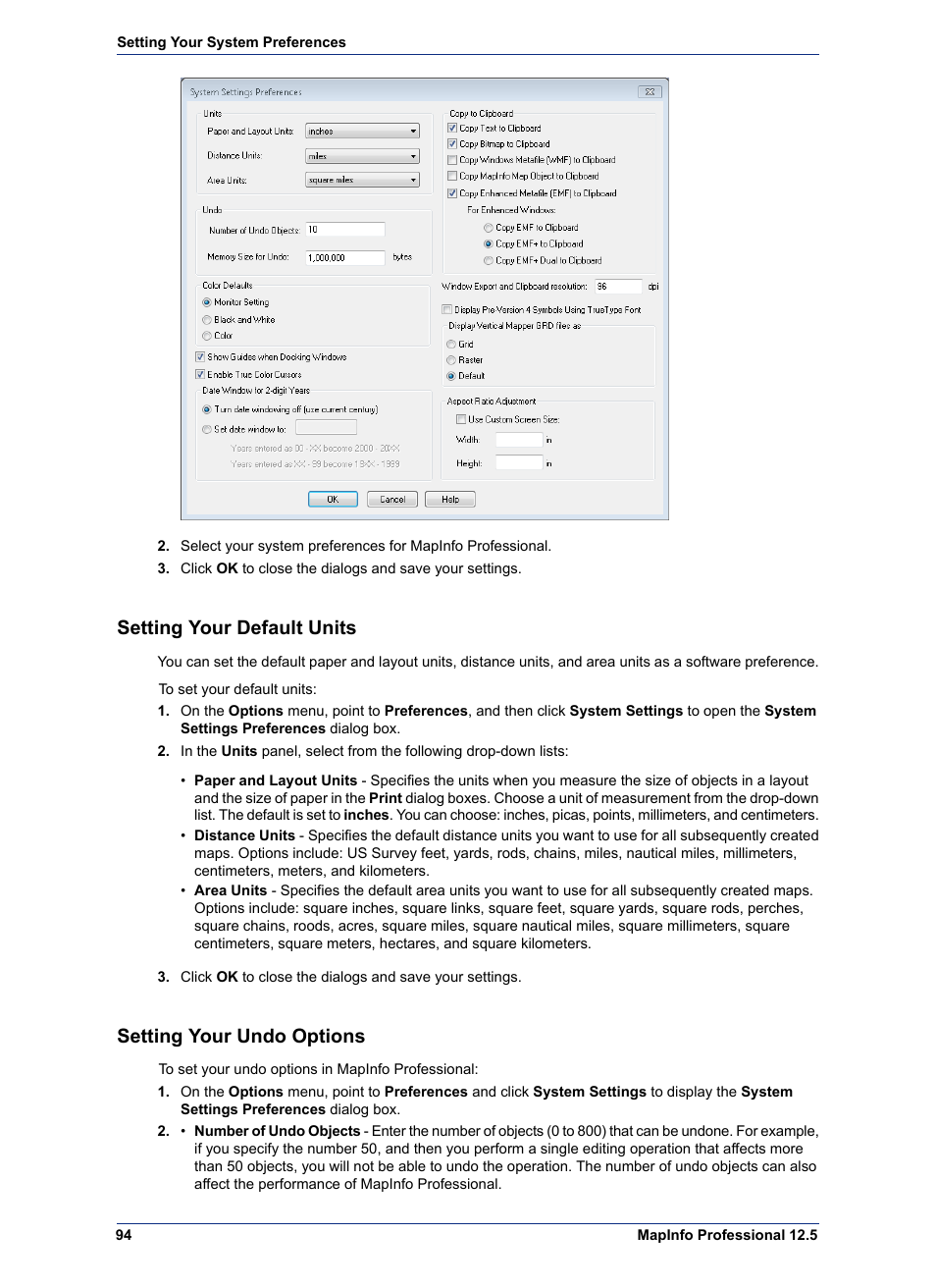 Setting your default units, Setting your undo options | Pitney Bowes MapInfo Professional User Manual | Page 94 / 540