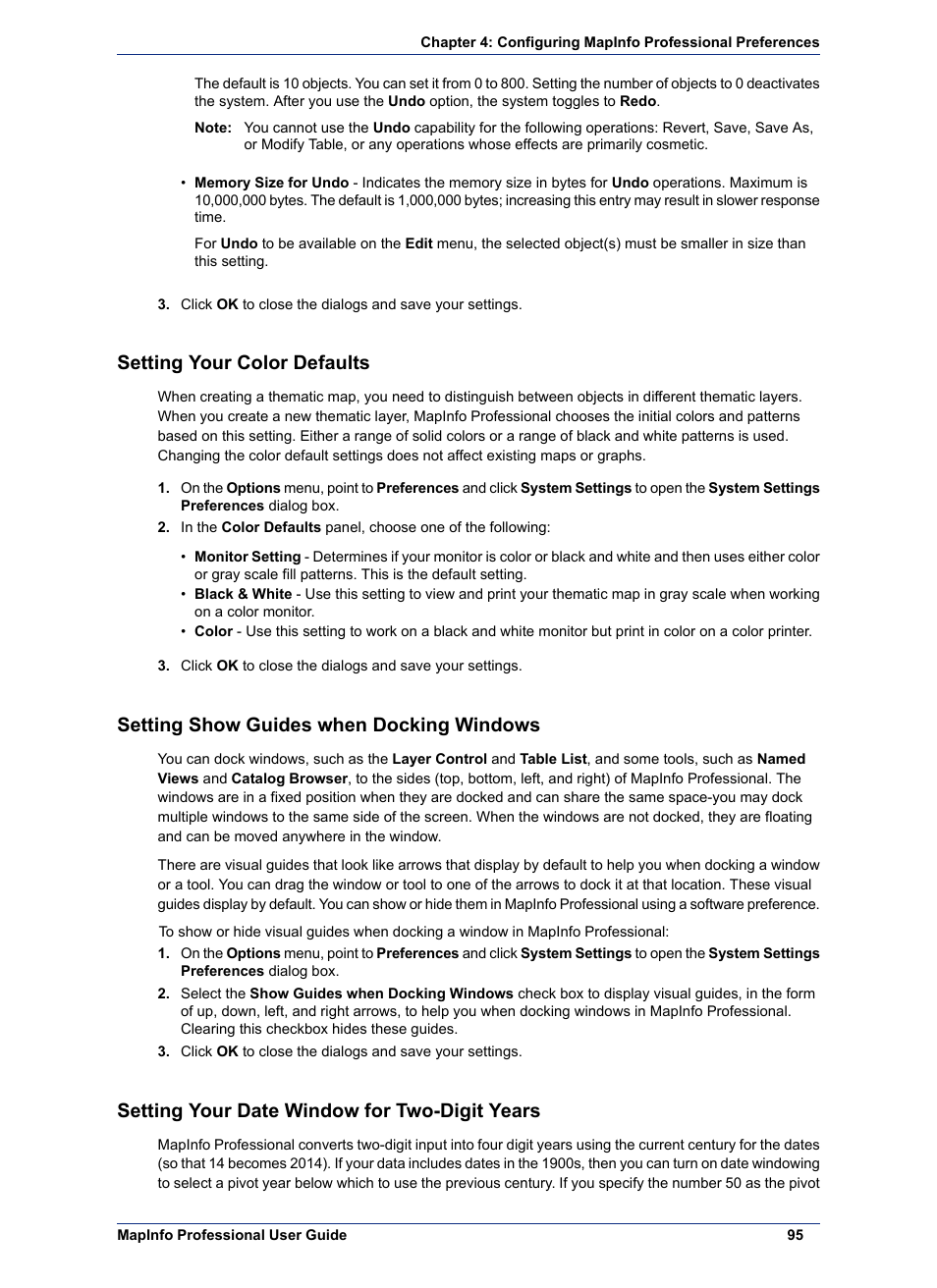 Setting your color defaults, Setting show guides when docking windows, Setting your date window for two-digit years | Pitney Bowes MapInfo Professional User Manual | Page 95 / 540