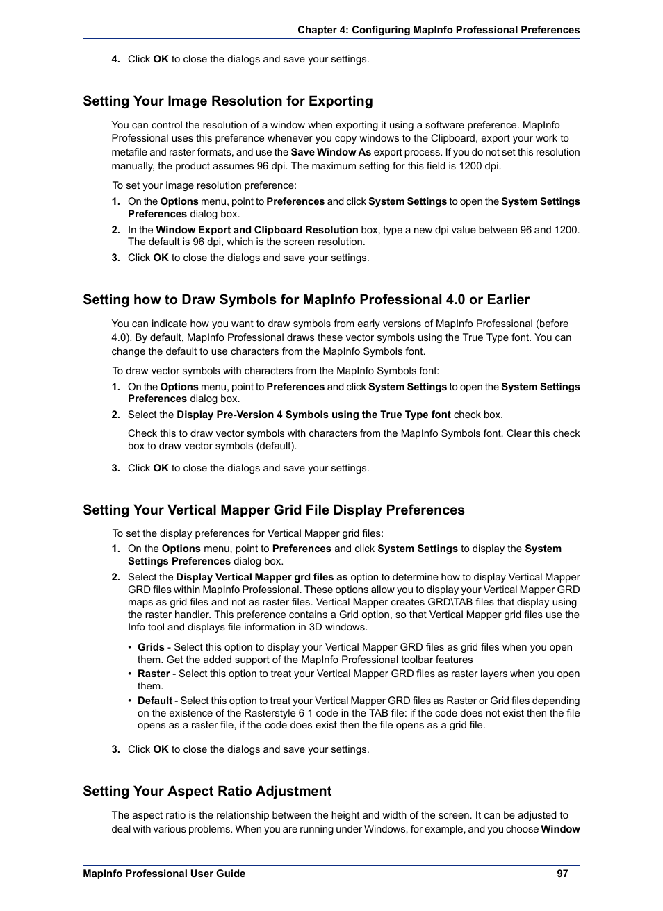 Setting your image resolution for exporting, Setting your aspect ratio adjustment | Pitney Bowes MapInfo Professional User Manual | Page 97 / 540