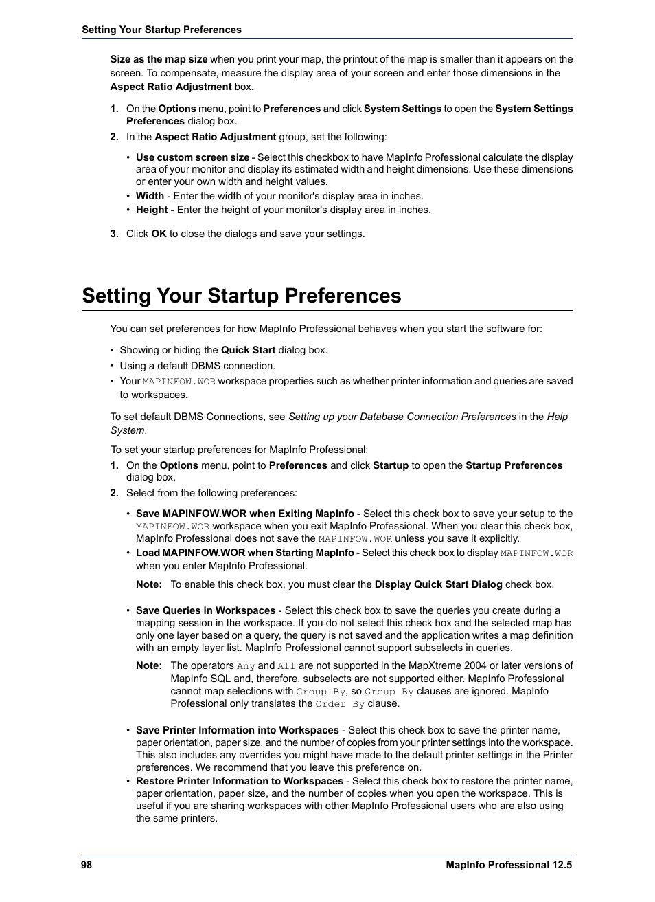 Setting your startup preferences | Pitney Bowes MapInfo Professional User Manual | Page 98 / 540
