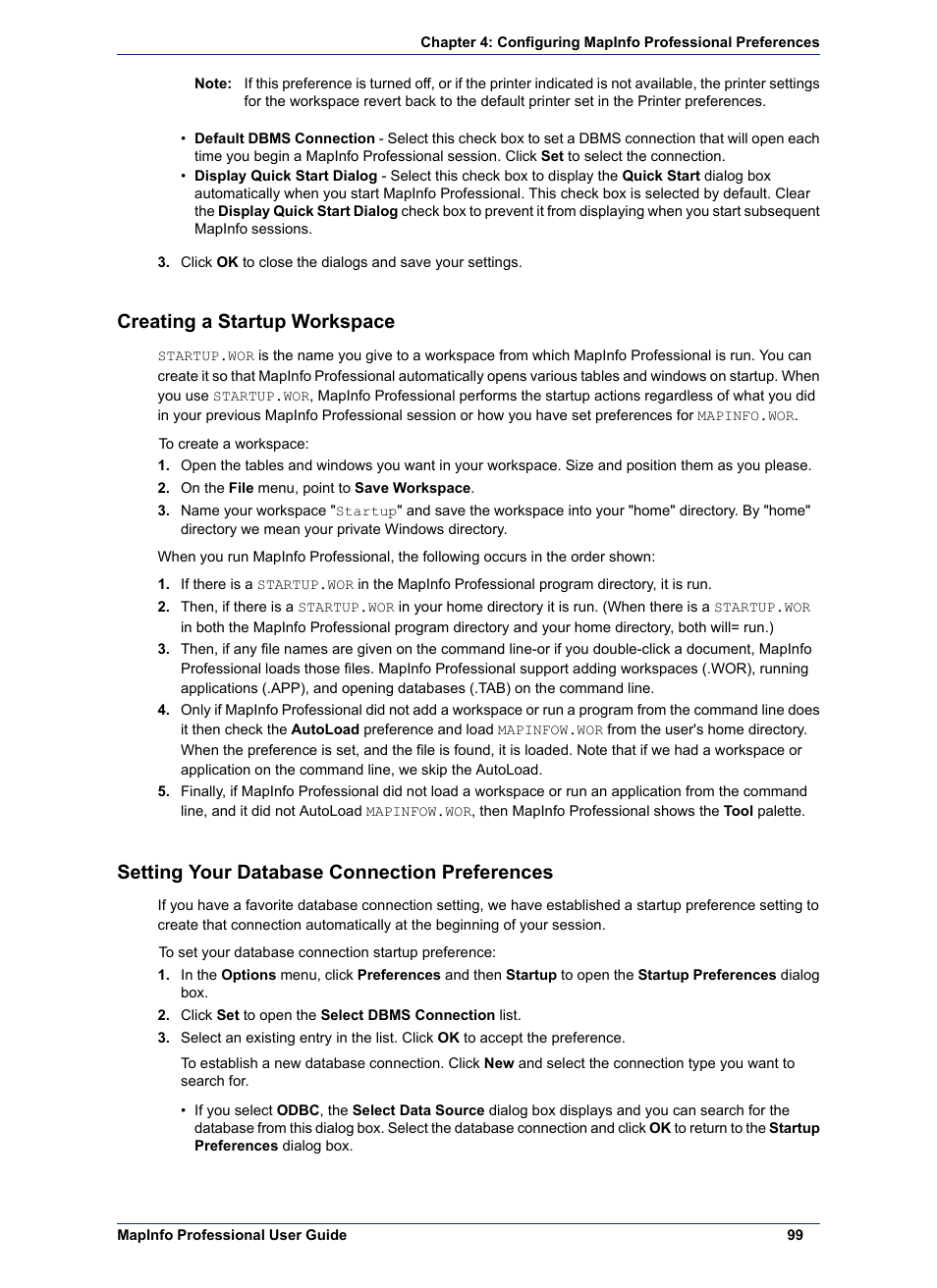 Creating a startup workspace, Setting your database connection preferences | Pitney Bowes MapInfo Professional User Manual | Page 99 / 540