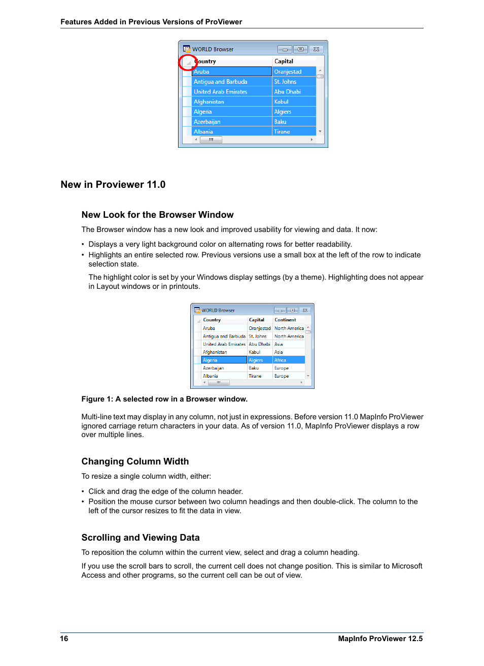 New in proviewer 11.0, New look for the browser window, Changing column width | Scrolling and viewing data | Pitney Bowes MapInfo ProViewer User Manual | Page 16 / 26