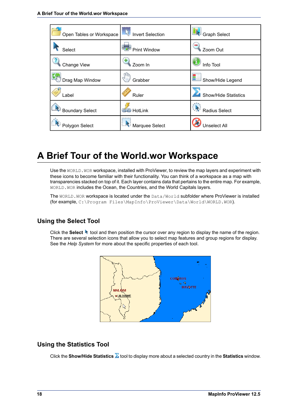 A brief tour of the world.wor workspace, Using the select tool, Using the statistics tool | Pitney Bowes MapInfo ProViewer User Manual | Page 18 / 26