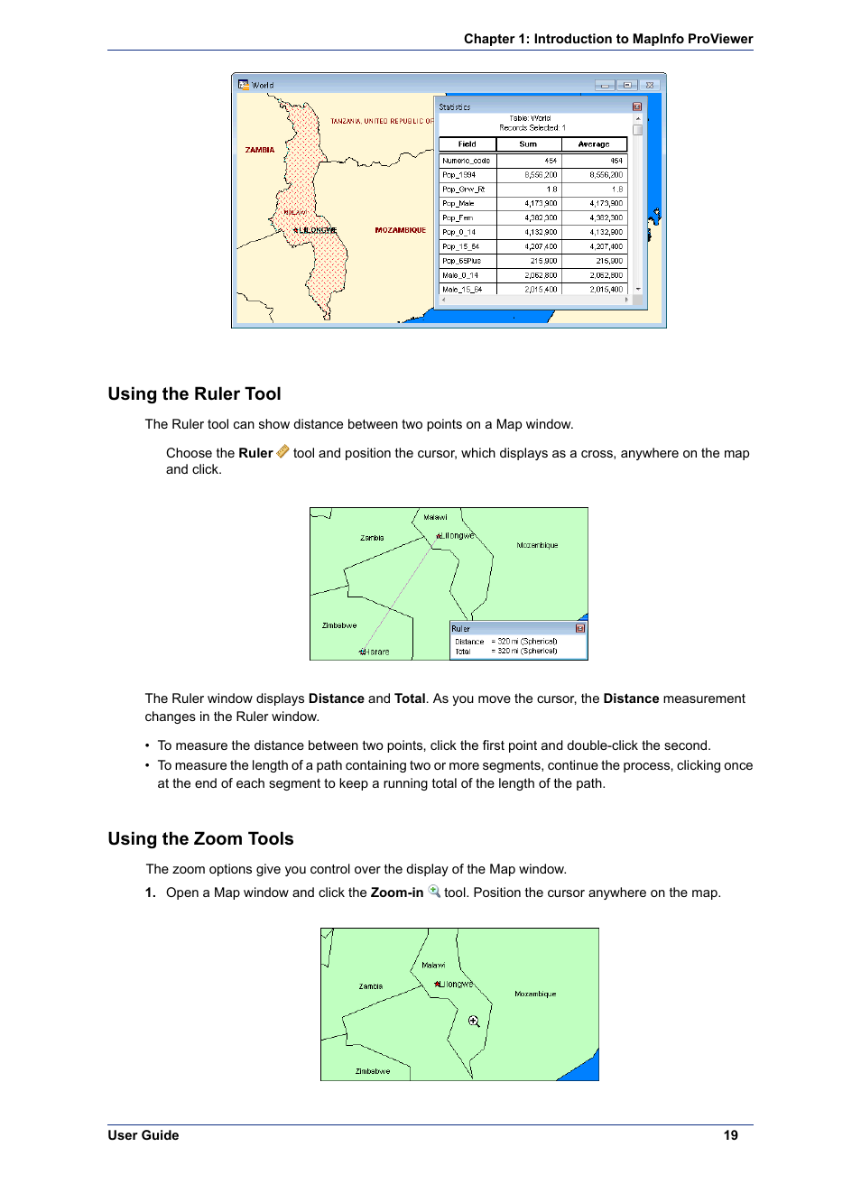 Using the ruler tool, Using the zoom tools | Pitney Bowes MapInfo ProViewer User Manual | Page 19 / 26