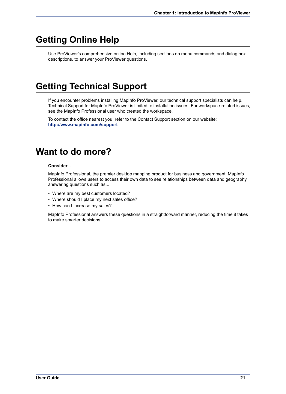 Getting online help, Getting technical support, Want to do more | Pitney Bowes MapInfo ProViewer User Manual | Page 21 / 26