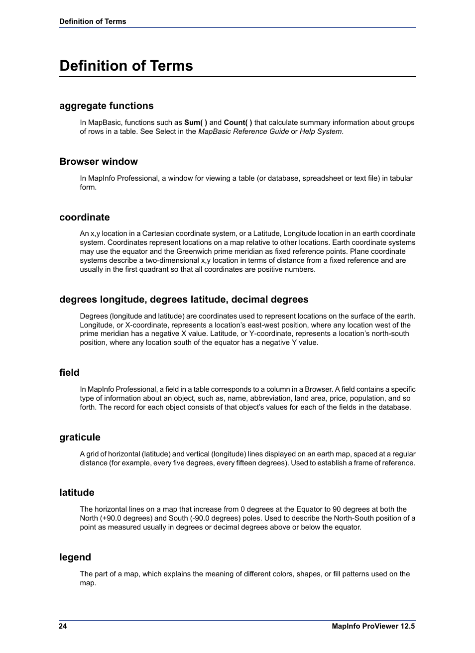 Definition of terms, Aggregate functions, Browser window | Coordinate, Field, Graticule, Latitude, Legend | Pitney Bowes MapInfo ProViewer User Manual | Page 24 / 26