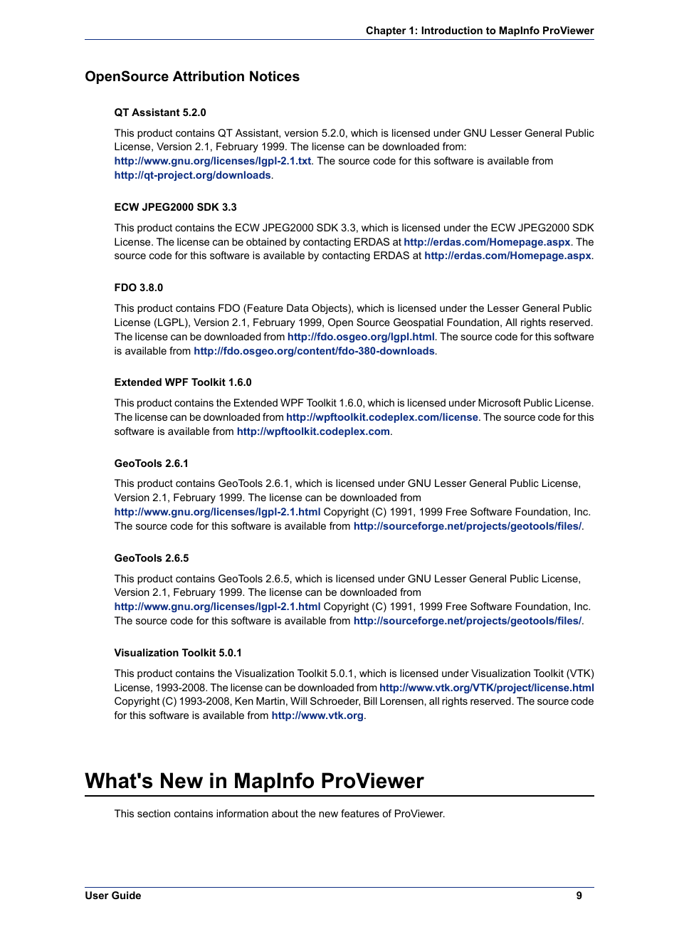 Opensource attribution notices, What's new in mapinfo proviewer | Pitney Bowes MapInfo ProViewer User Manual | Page 9 / 26