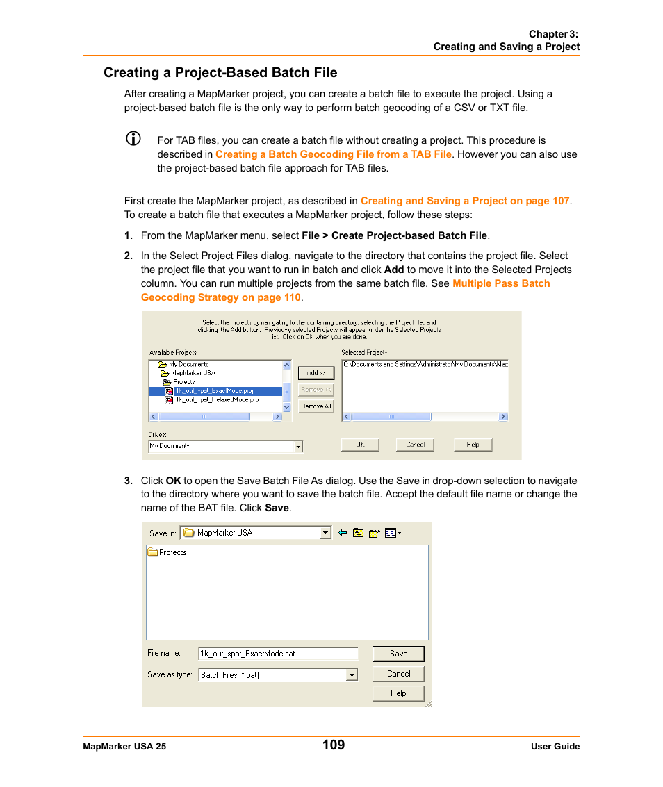 Creating a project-based batch file, Creating a project-based | Pitney Bowes MapMarker USA User Manual | Page 109 / 334