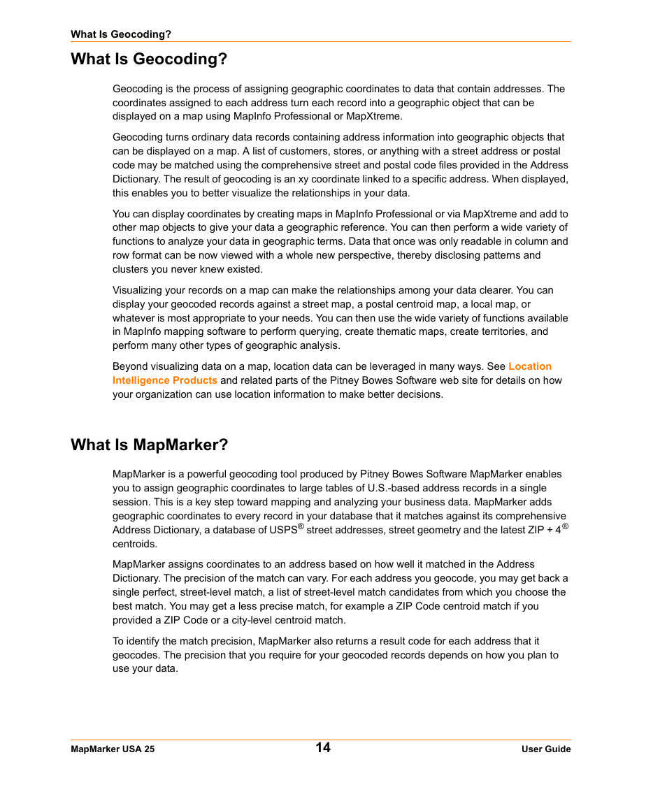 What is geocoding, What is mapmarker | Pitney Bowes MapMarker USA User Manual | Page 14 / 334