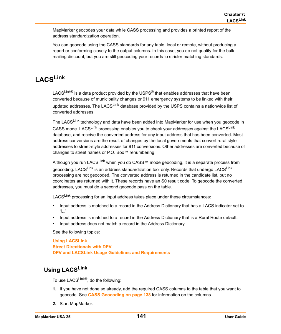 Lacslink, Using lacslink, Lacs | Using lacs, Link | Pitney Bowes MapMarker USA User Manual | Page 141 / 334