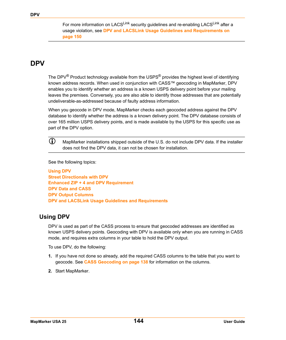 Using dpv | Pitney Bowes MapMarker USA User Manual | Page 144 / 334