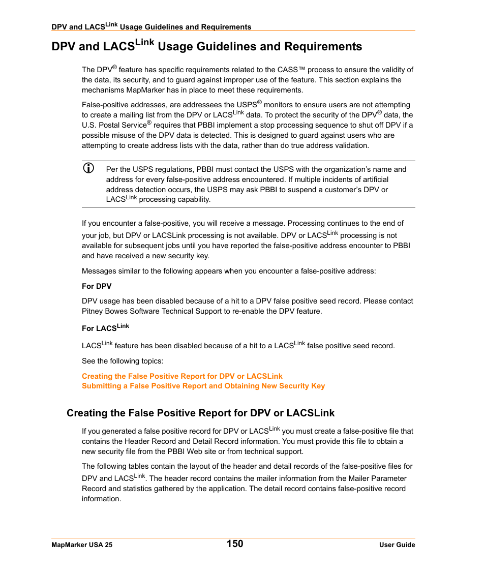Dpv and lacslink usage guidelines and requirements, Dpv and lacs, Link | Usage guidelines and requirements | Pitney Bowes MapMarker USA User Manual | Page 150 / 334